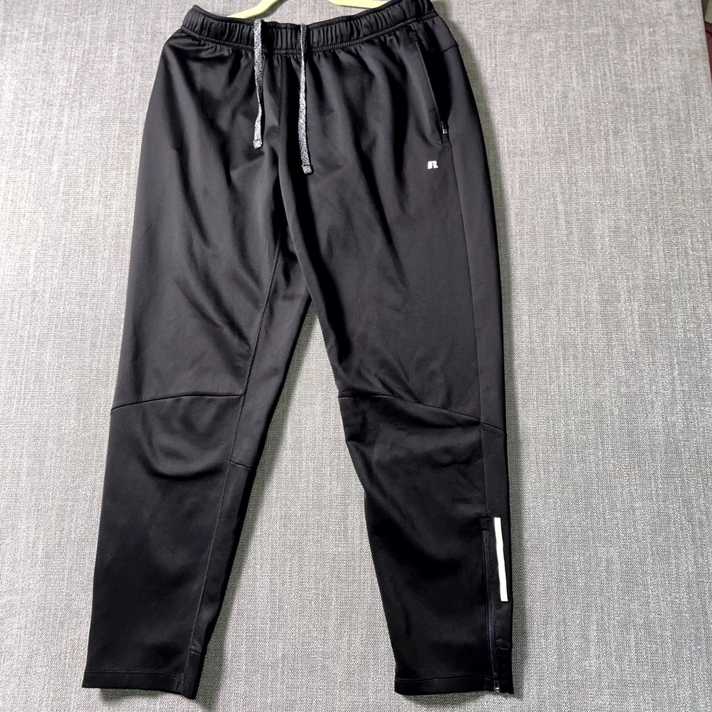 Russell Athletic Track Pants Mens Large Black Tapered Leg Drawstring Ankle Zip